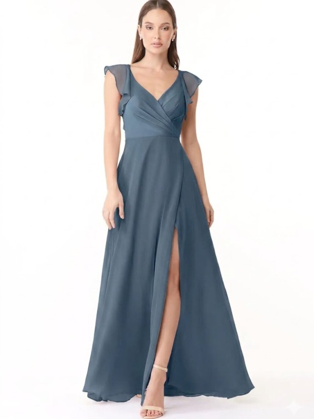 Azazie Yoko Neptune Navy Chiffon Floor Length Bridesmaid Gown Size A14